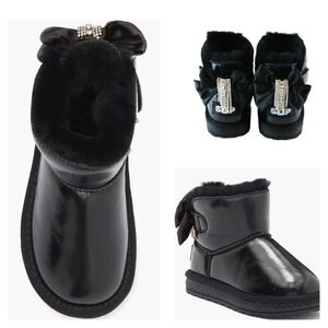 Metallic Black Faux Fur Rhinestone Tassel Bow Boots